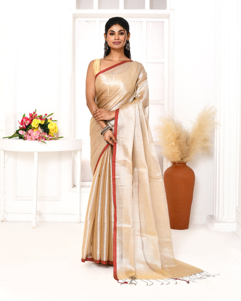 Piyari Fashion Women's Muga Dual Tone Organic Tissue Saree With Blouse Piece | Grocsy