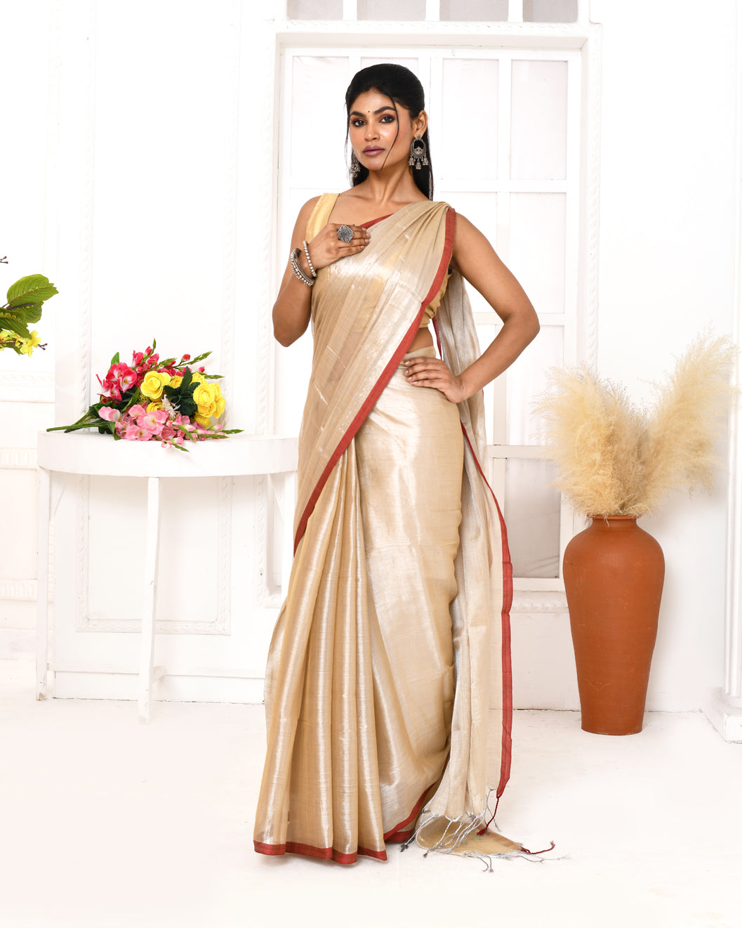 Piyari Fashion Women's Muga Dual Tone Organic Tissue Saree With Blouse Piece | Grocsy