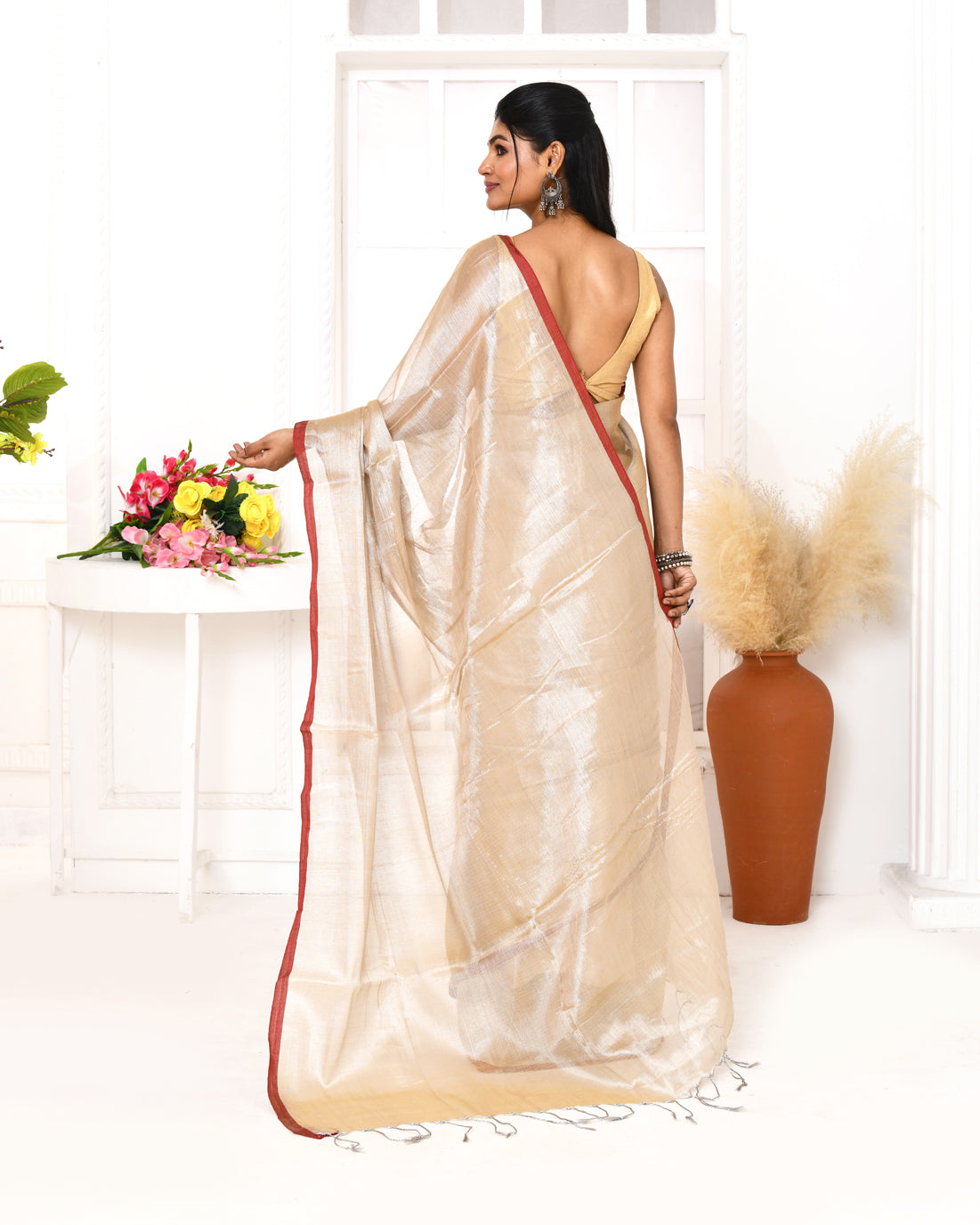 Piyari Fashion Women's Muga Dual Tone Organic Tissue Saree With Blouse Piece | Grocsy