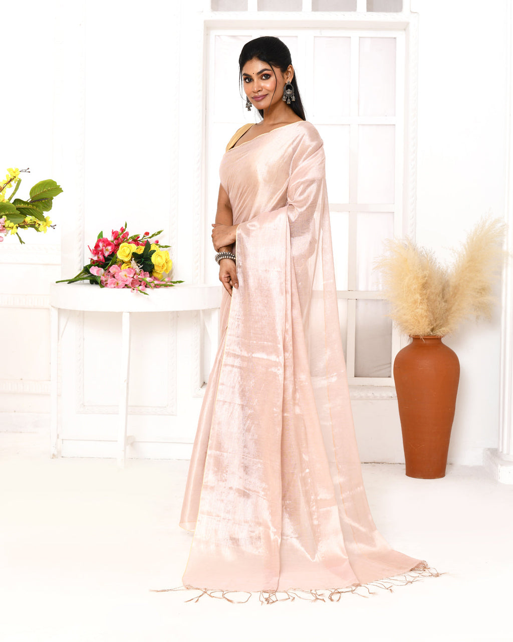 Piyari Fashion Women's Peach Organic Tissue Saree With Blouse Piece | Grocsy