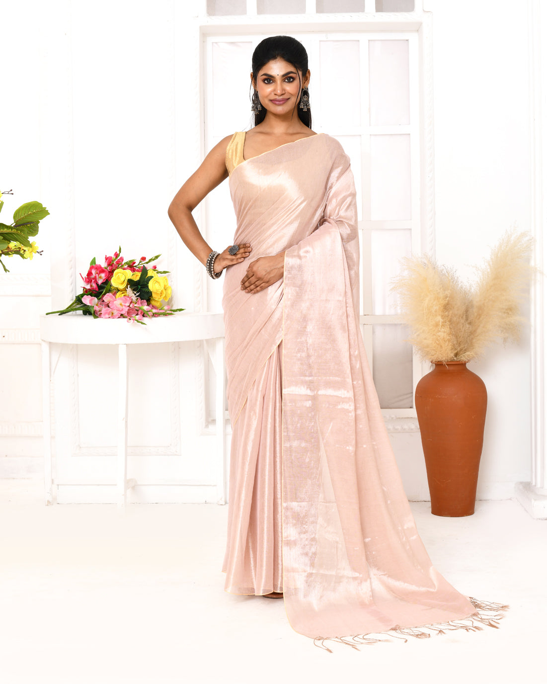 Piyari Fashion Women's Peach Organic Tissue Saree With Blouse Piece | Grocsy