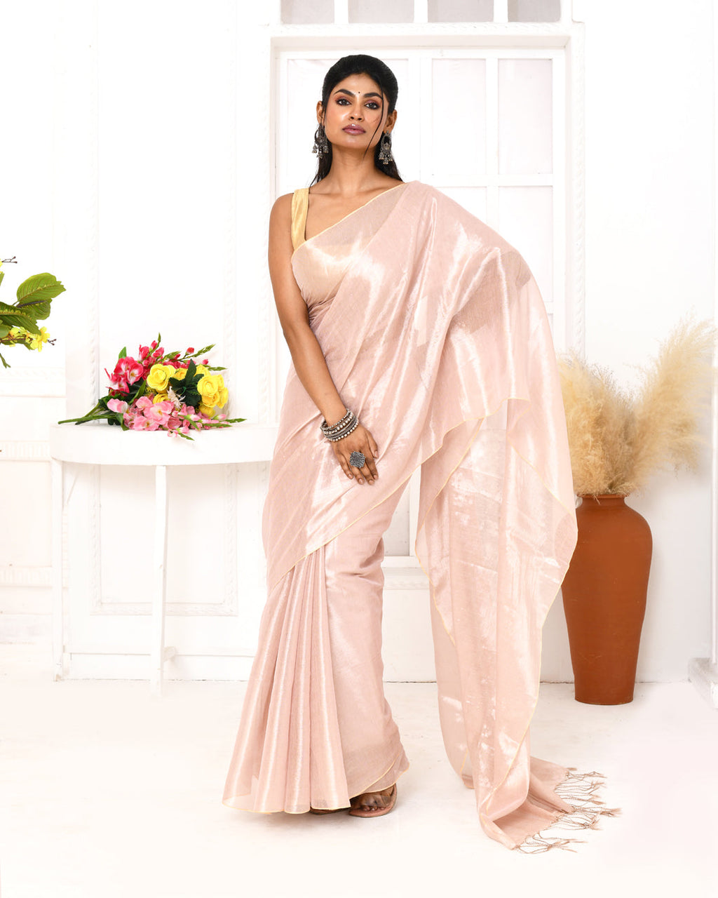 Piyari Fashion Women's Peach Organic Tissue Saree With Blouse Piece | Grocsy