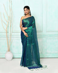 Piyari Fashion Women's Green Blue Dual Tone Organic Tissue Saree With Blouse Piece | Grocsy