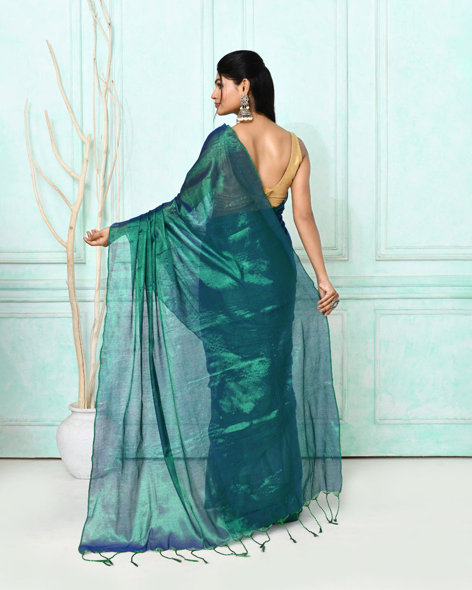 Piyari Fashion Women's Green Blue Dual Tone Organic Tissue Saree With Blouse Piece | Grocsy