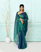 Piyari Fashion Women's Green Blue Dual Tone Organic Tissue Saree With Blouse Piece | Grocsy