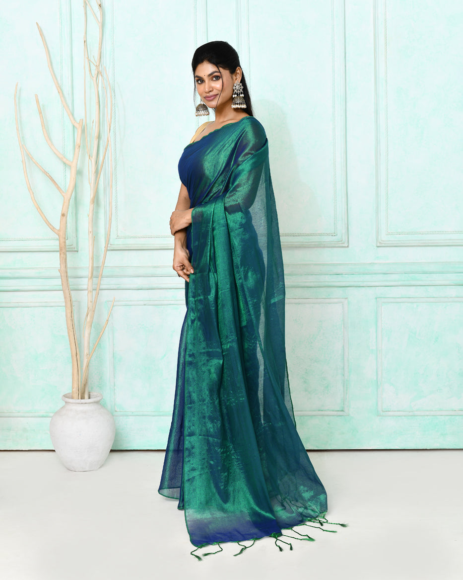 Piyari Fashion Women's Green Blue Dual Tone Organic Tissue Saree With Blouse Piece | Grocsy