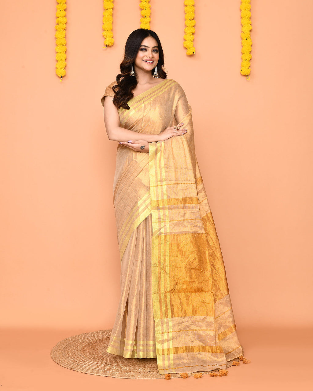 Piyari Fashion Women's Beige Zari Cotton Handloom Tissue Saree | Grocsy