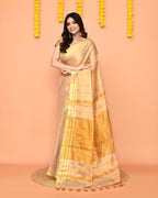 Piyari Fashion Women's Beige Zari Cotton Handloom Tissue Saree | Grocsy