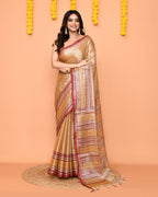 Piyari Fashion Women's Beige Zari Cotton Handloom Tissue Saree | Grocsy
