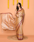 Piyari Fashion Women's Beige Zari Cotton Handloom Tissue Saree | Grocsy