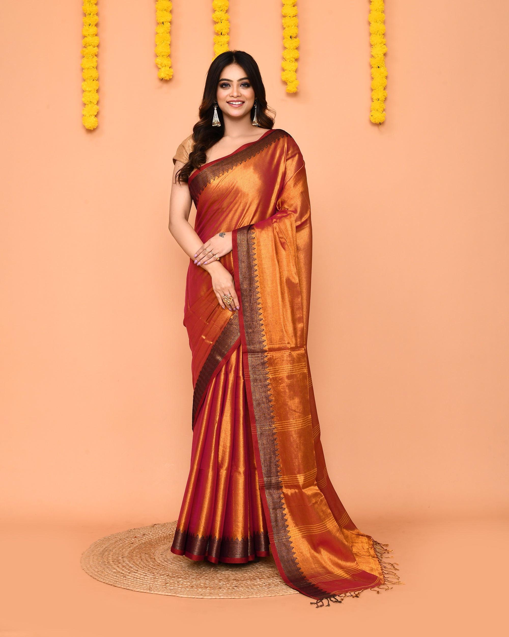 Piyari Fashion Women's Pink Yellow Dual Tone Zari Cotton Handloom Tissue Saree | Grocsy