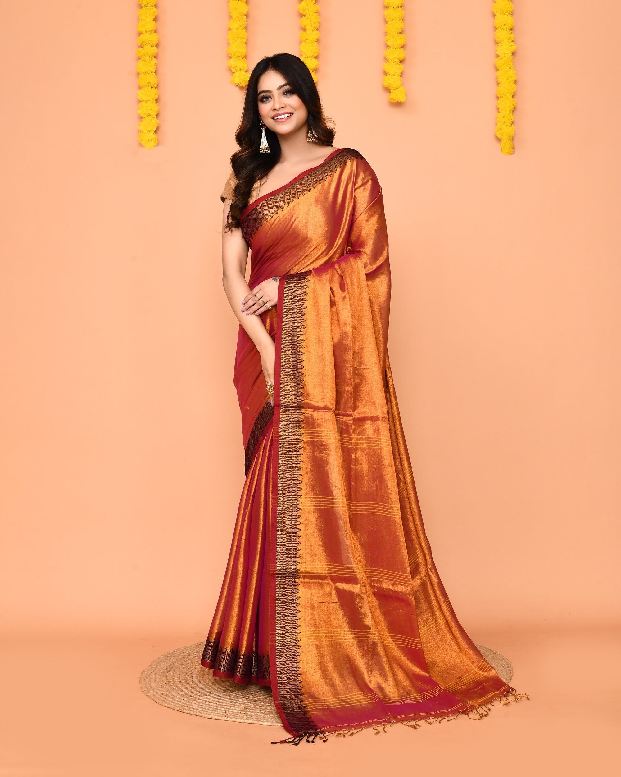 Piyari Fashion Women's Pink Yellow Dual Tone Zari Cotton Handloom Tissue Saree | Grocsy