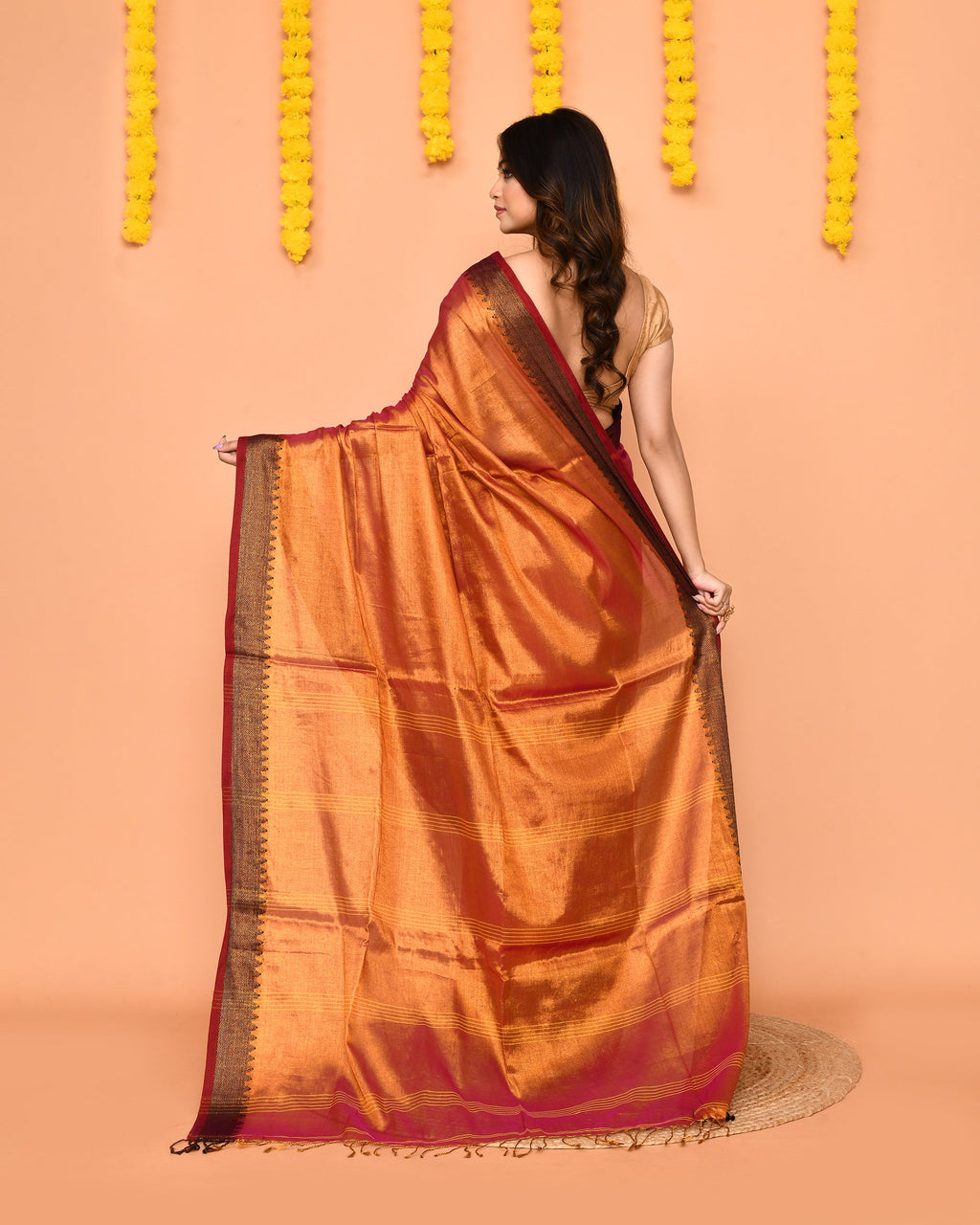 Piyari Fashion Women's Pink Yellow Dual Tone Zari Cotton Handloom Tissue Saree | Grocsy