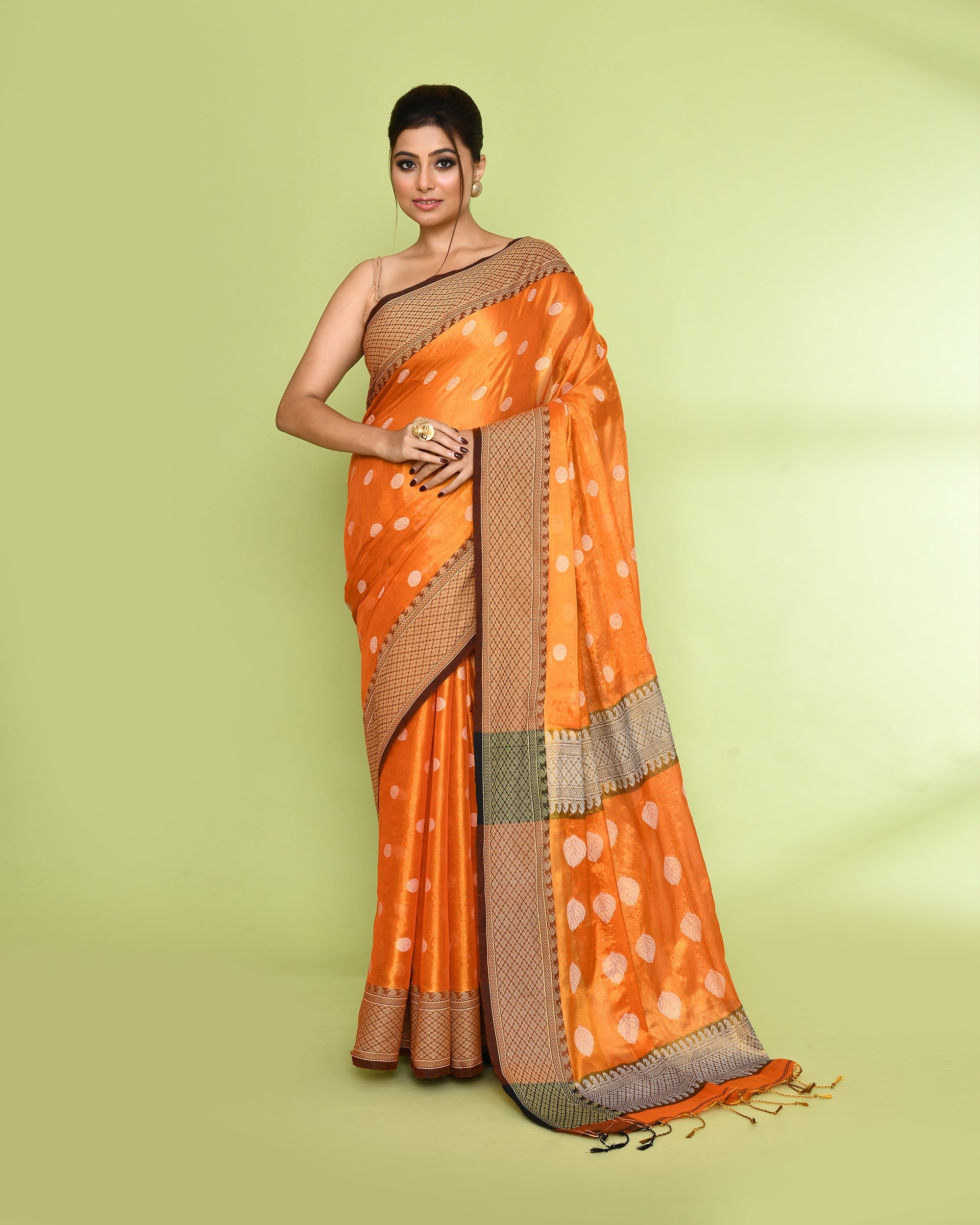Piyari Fashion Women's Orange Zari Cotton Tissue Jamdani Saree | Grocsy