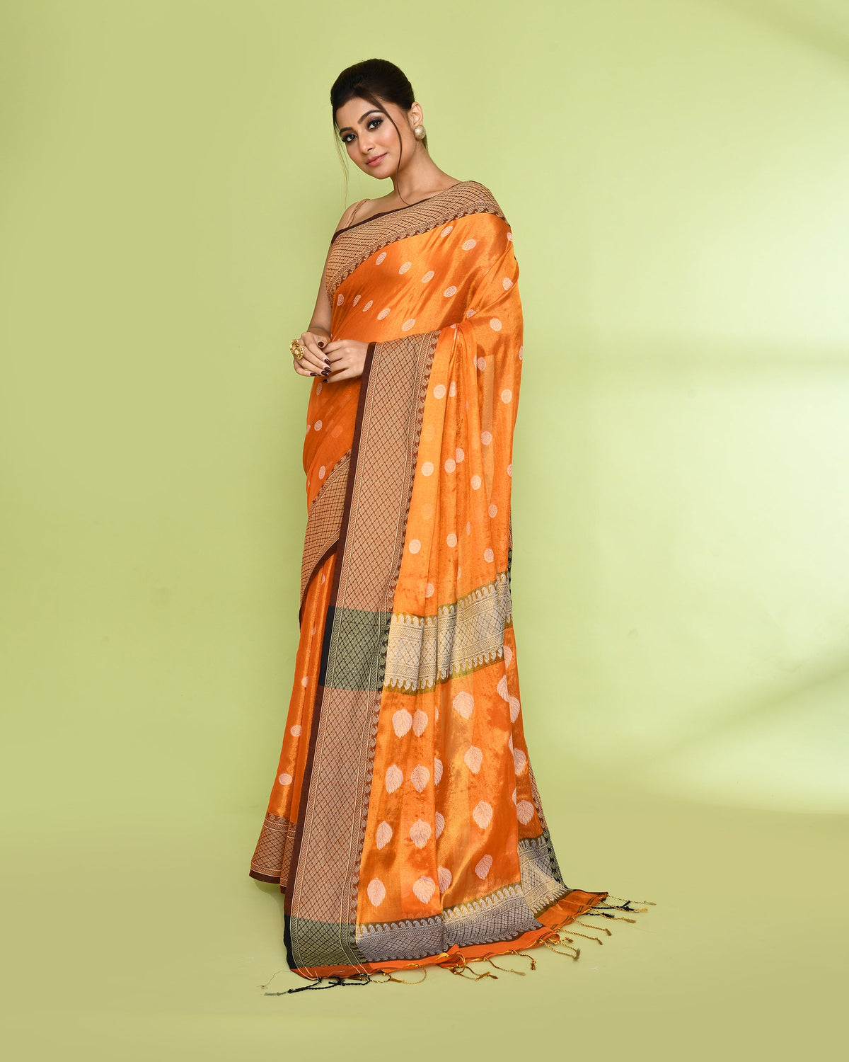 Piyari Fashion Women's Orange Zari Cotton Tissue Jamdani Saree | Grocsy