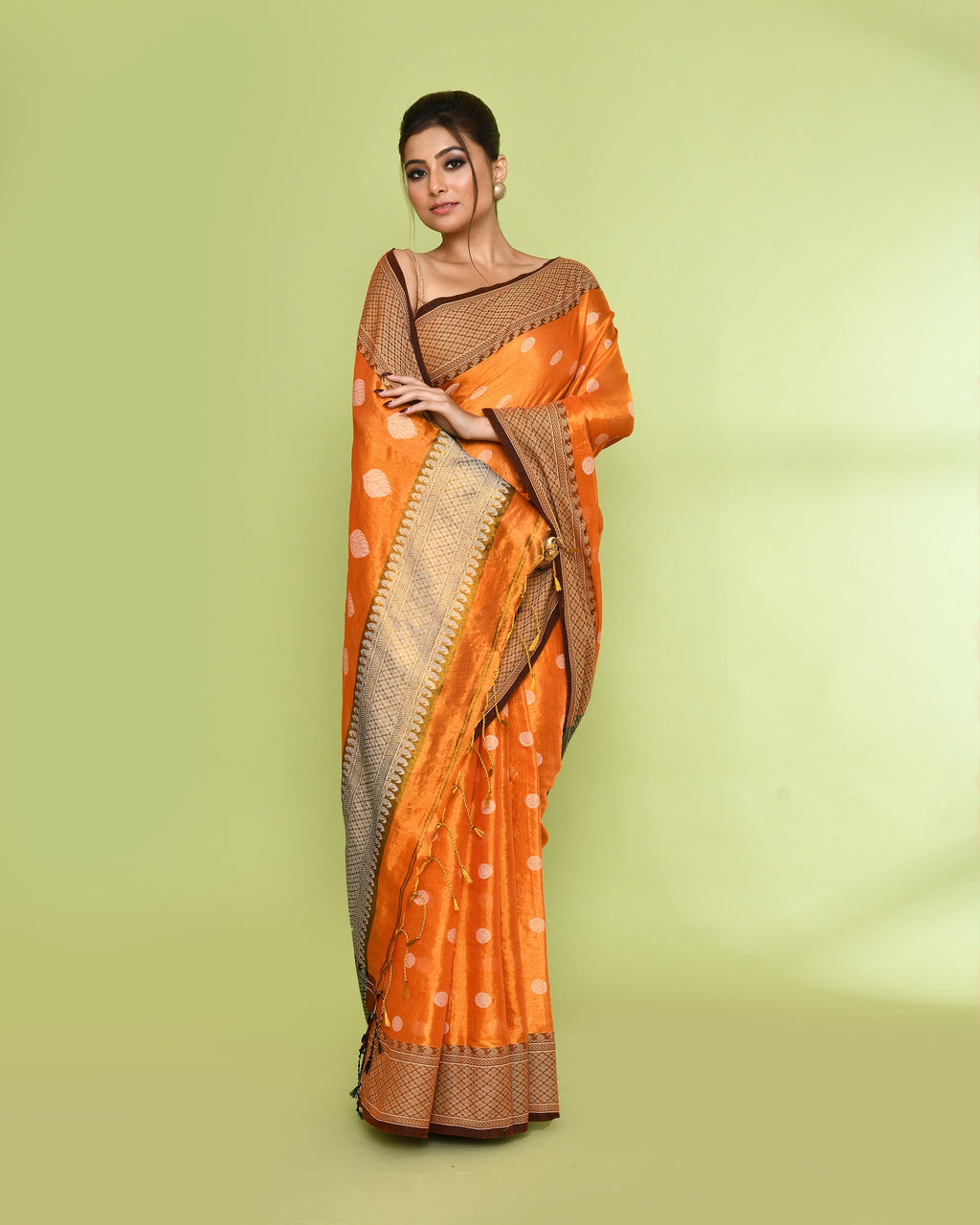 Piyari Fashion Women's Orange Zari Cotton Tissue Jamdani Saree | Grocsy