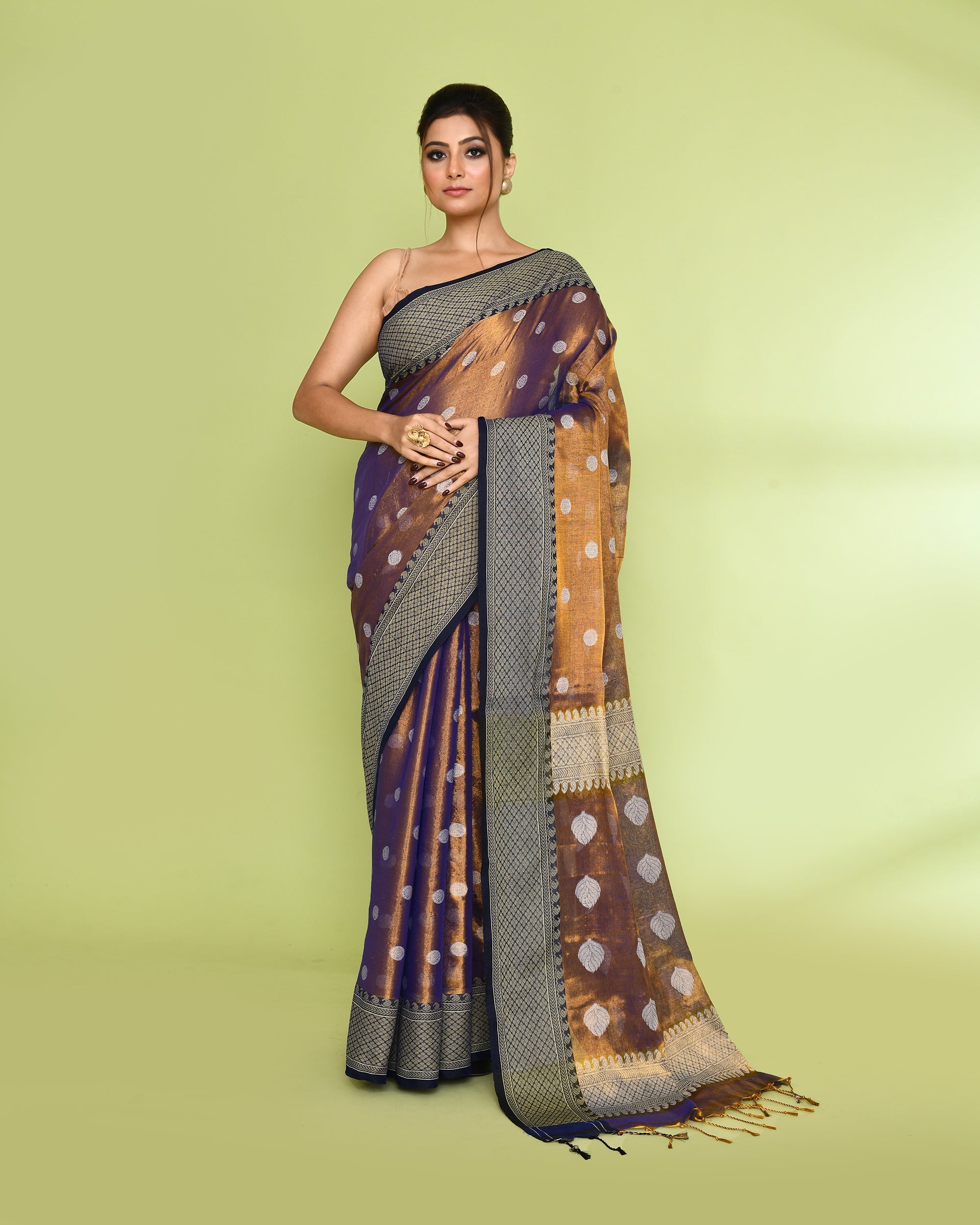 Piyari Fashion Women's Gold Blue Zari Cotton Tissue Jamdani Saree | Grocsy
