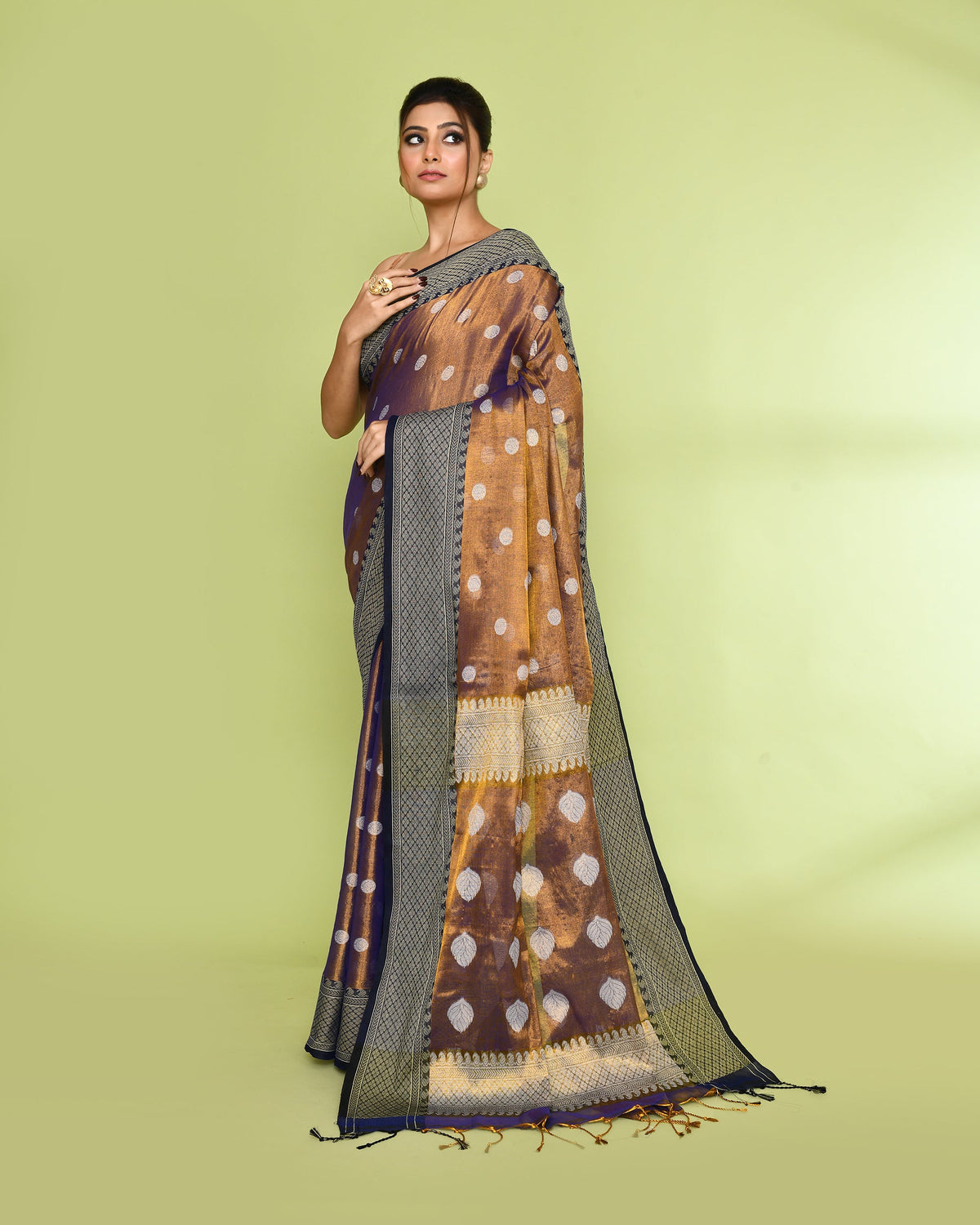 Piyari Fashion Women's Gold Blue Zari Cotton Tissue Jamdani Saree | Grocsy