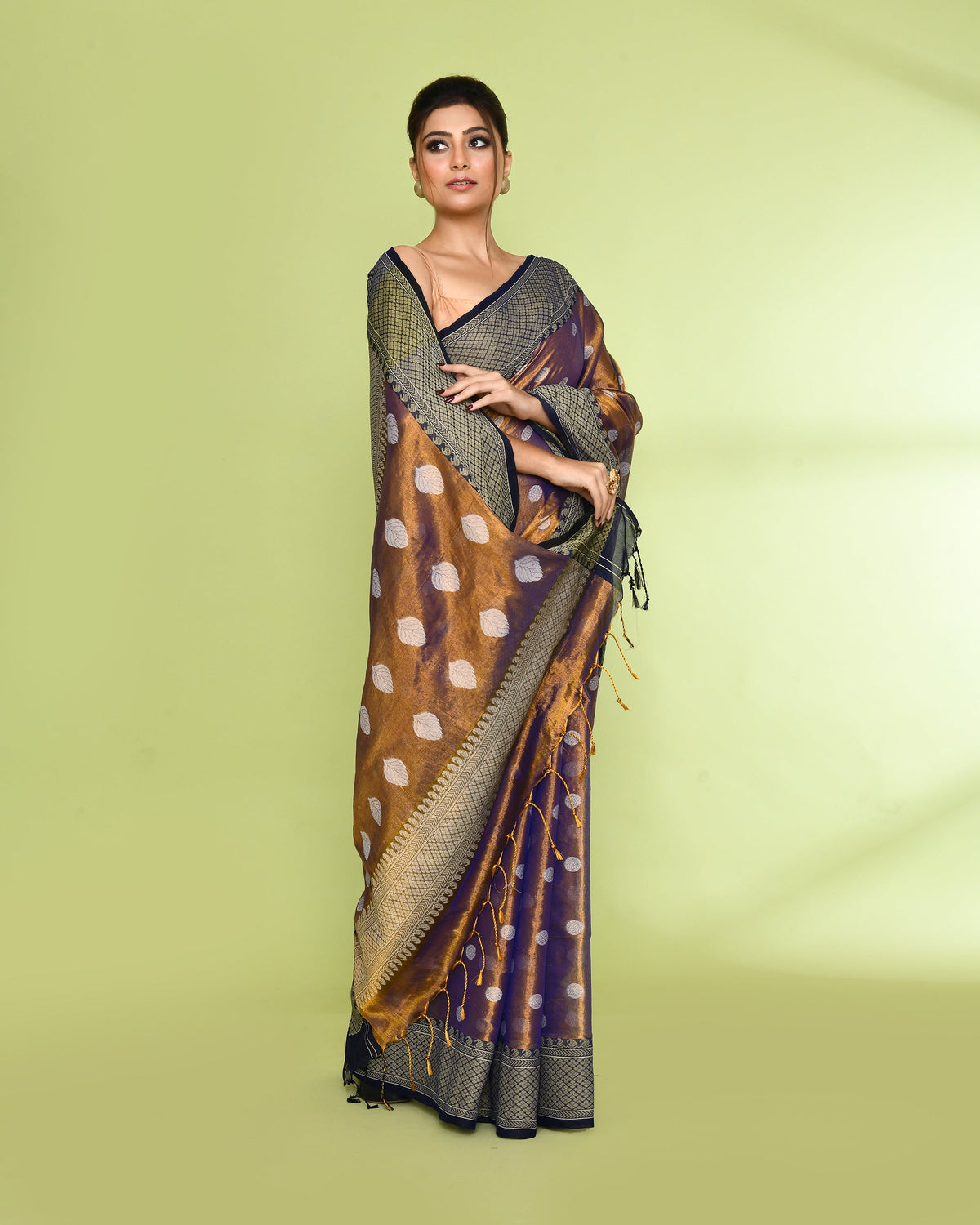 Piyari Fashion Women's Gold Blue Zari Cotton Tissue Jamdani Saree | Grocsy