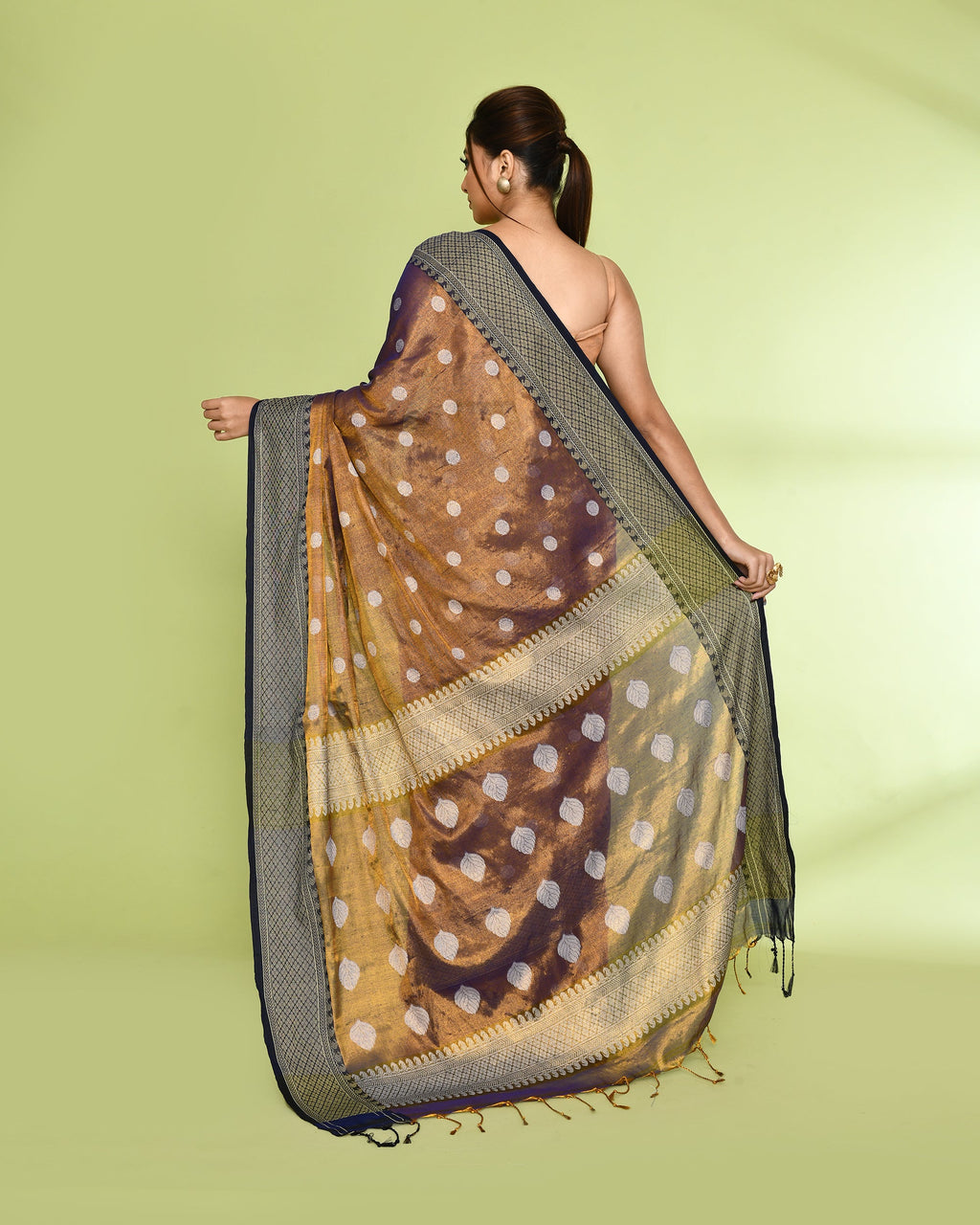 Piyari Fashion Women's Gold Blue Zari Cotton Tissue Jamdani Saree | Grocsy