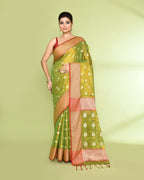 Piyari Fashion Women's Parrot Green Zari Cotton Tissue Jamdani Saree | Grocsy