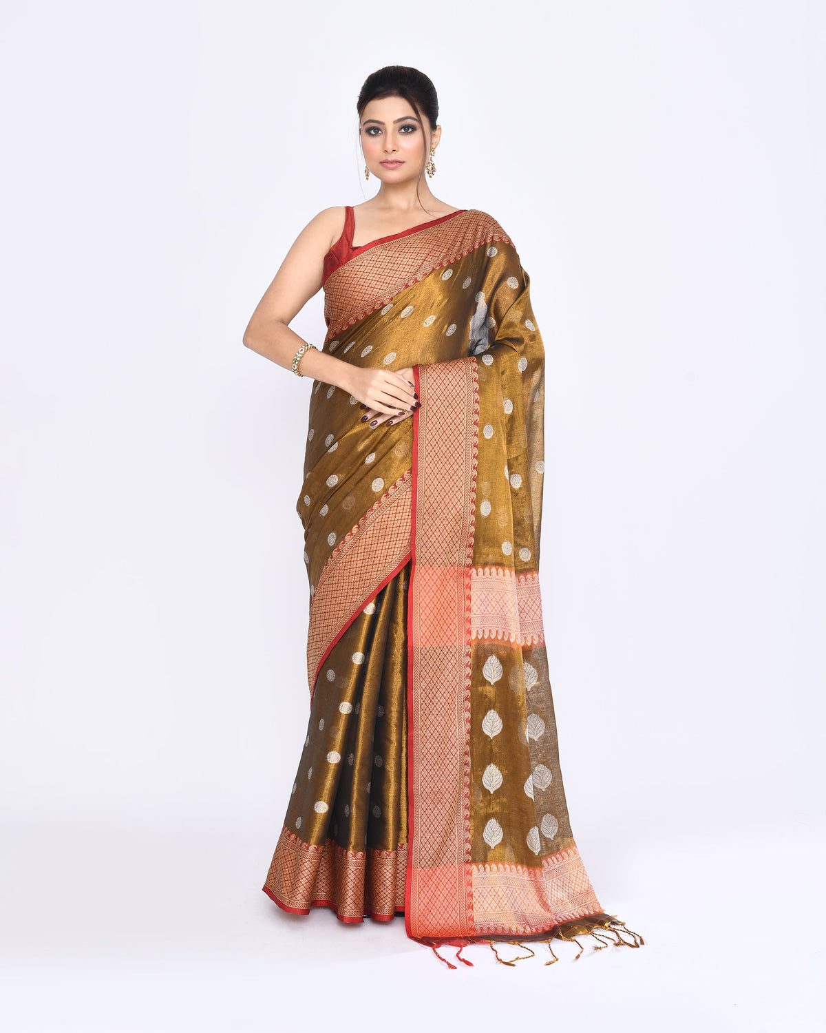 Piyari Fashion Women's Golden Zari Cotton Tissue Jamdani Saree | Grocsy