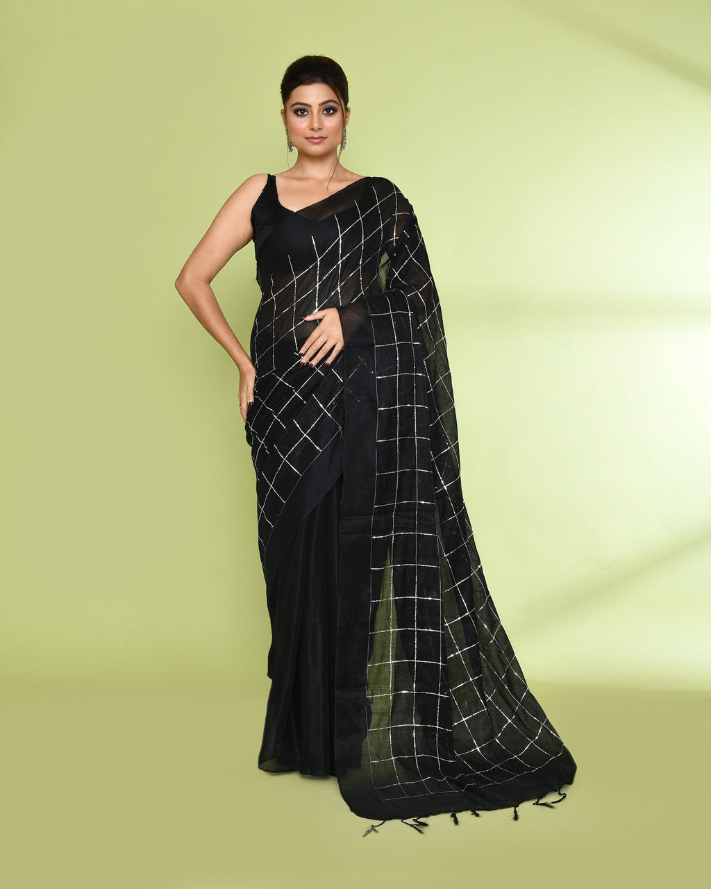 Piyari Fashion Women's Black Zari Cotton Tissue Sequin Saree | Grocsy