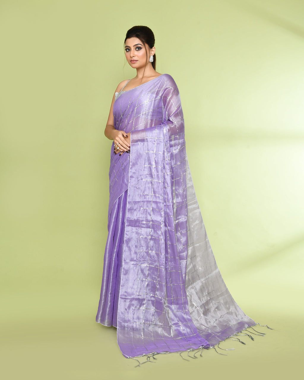 Piyari Fashion Women's Lavender Zari Cotton Tissue Sequin Saree | Grocsy