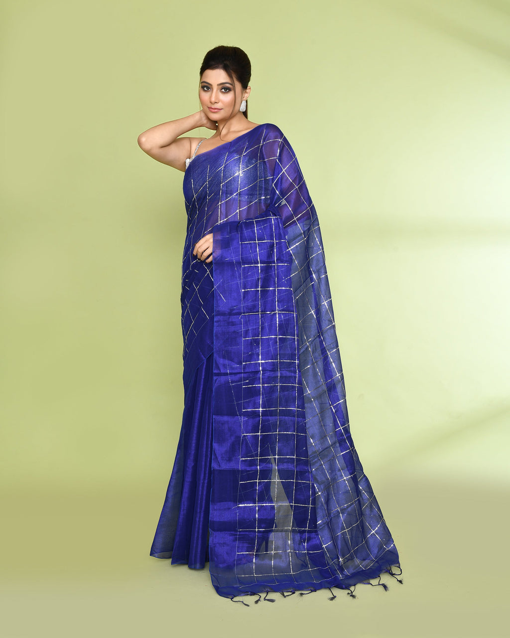 Piyari Fashion Women's Blue Zari Cotton Tissue Sequin Saree | Grocsy