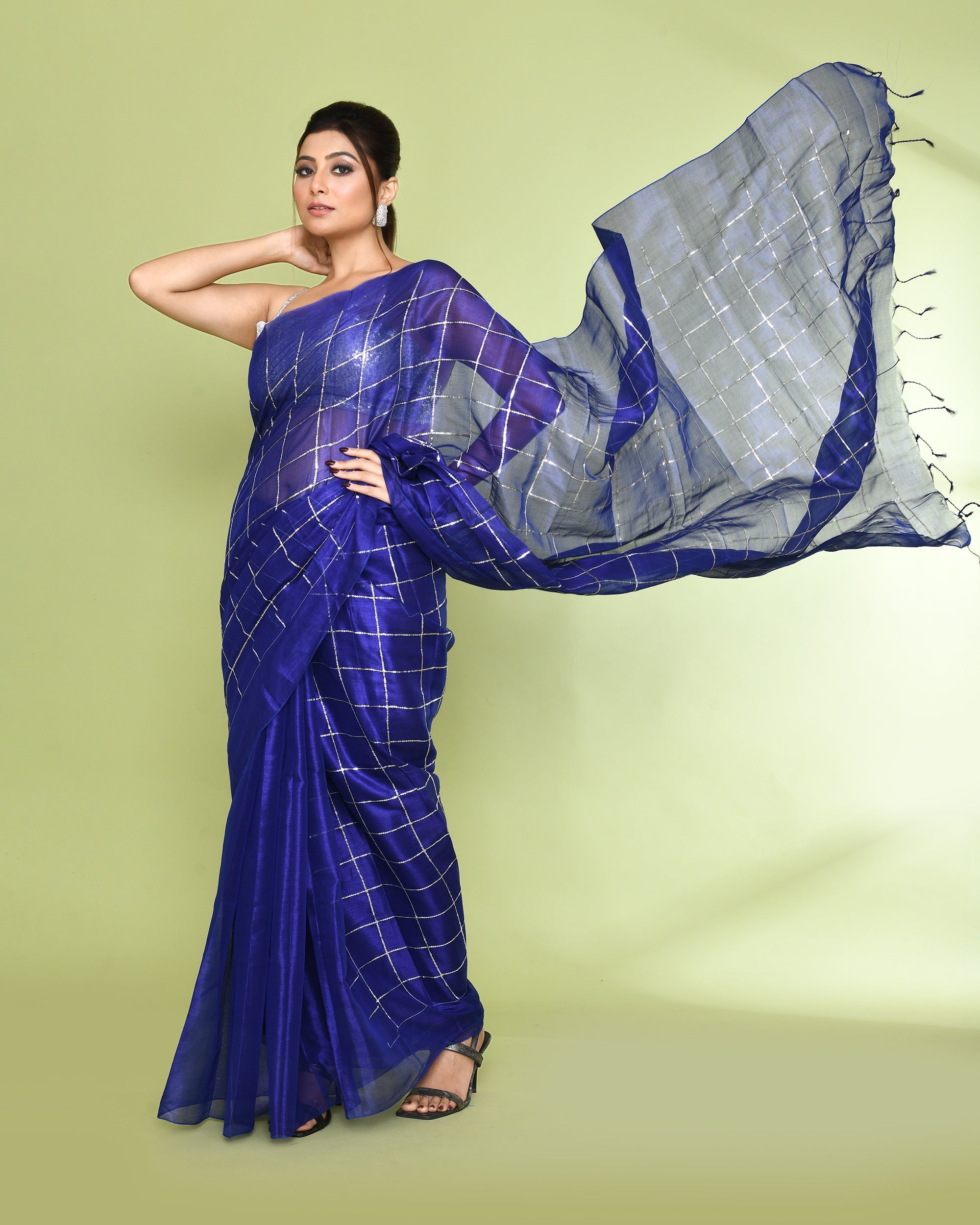 Piyari Fashion Women's Blue Zari Cotton Tissue Sequin Saree | Grocsy