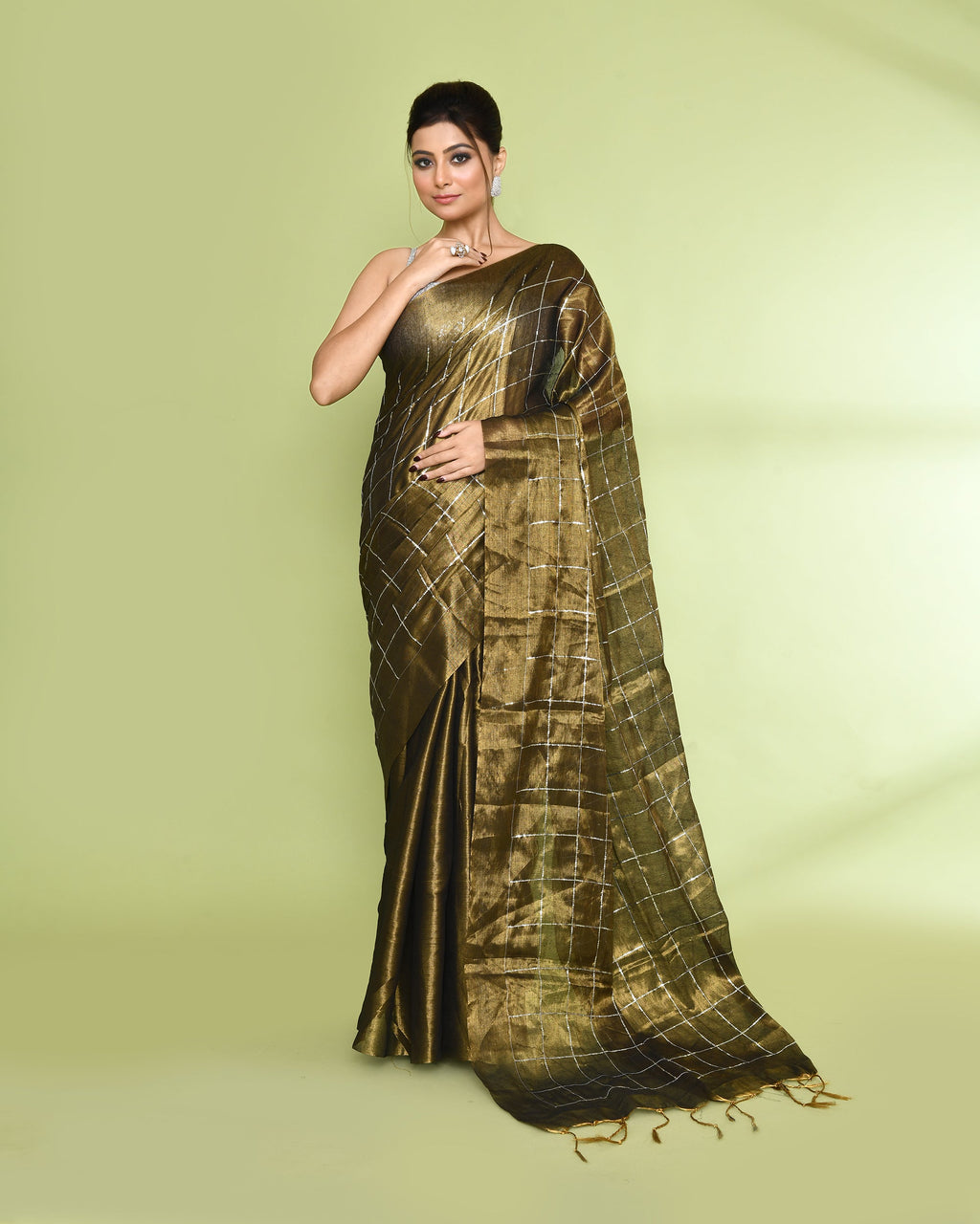 Piyari Fashion Women's Golden Zari Cotton Tissue Sequin Saree | Grocsy
