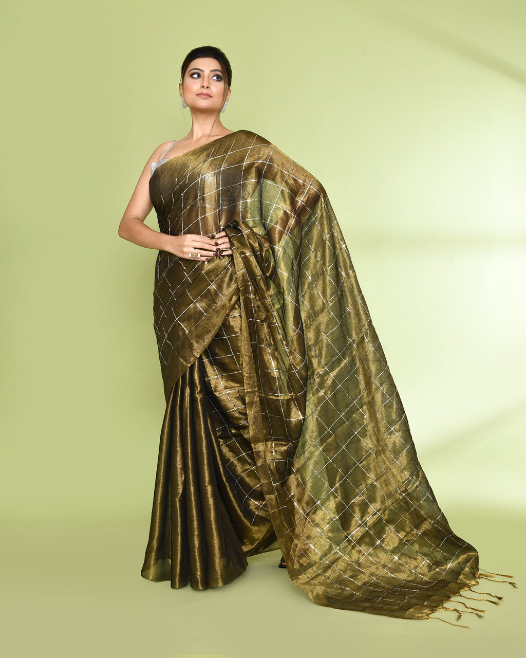 Piyari Fashion Women's Golden Zari Cotton Tissue Sequin Saree | Grocsy