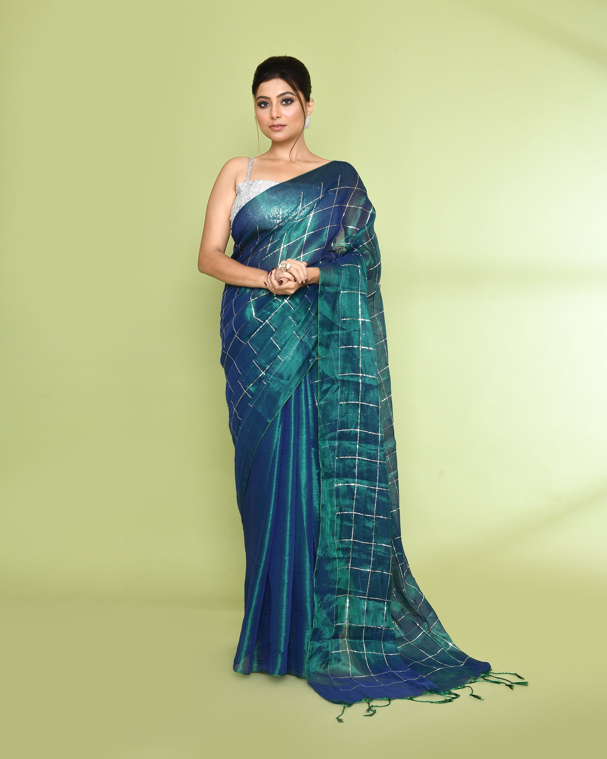 Piyari Fashion Women's Blue Green Zari Cotton Tissue Sequin Saree | Grocsy
