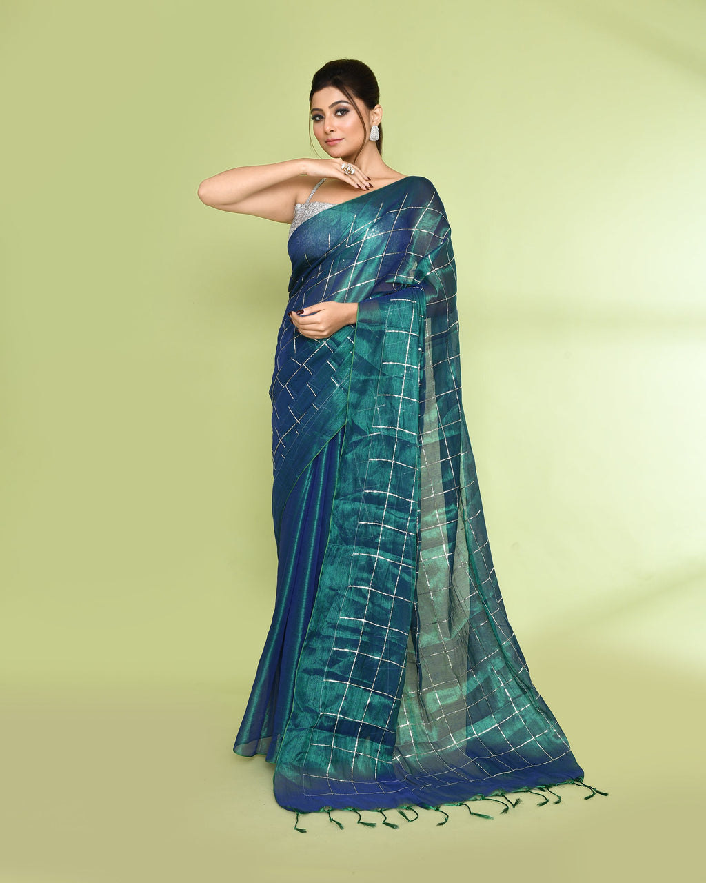 Piyari Fashion Women's Blue Green Zari Cotton Tissue Sequin Saree | Grocsy