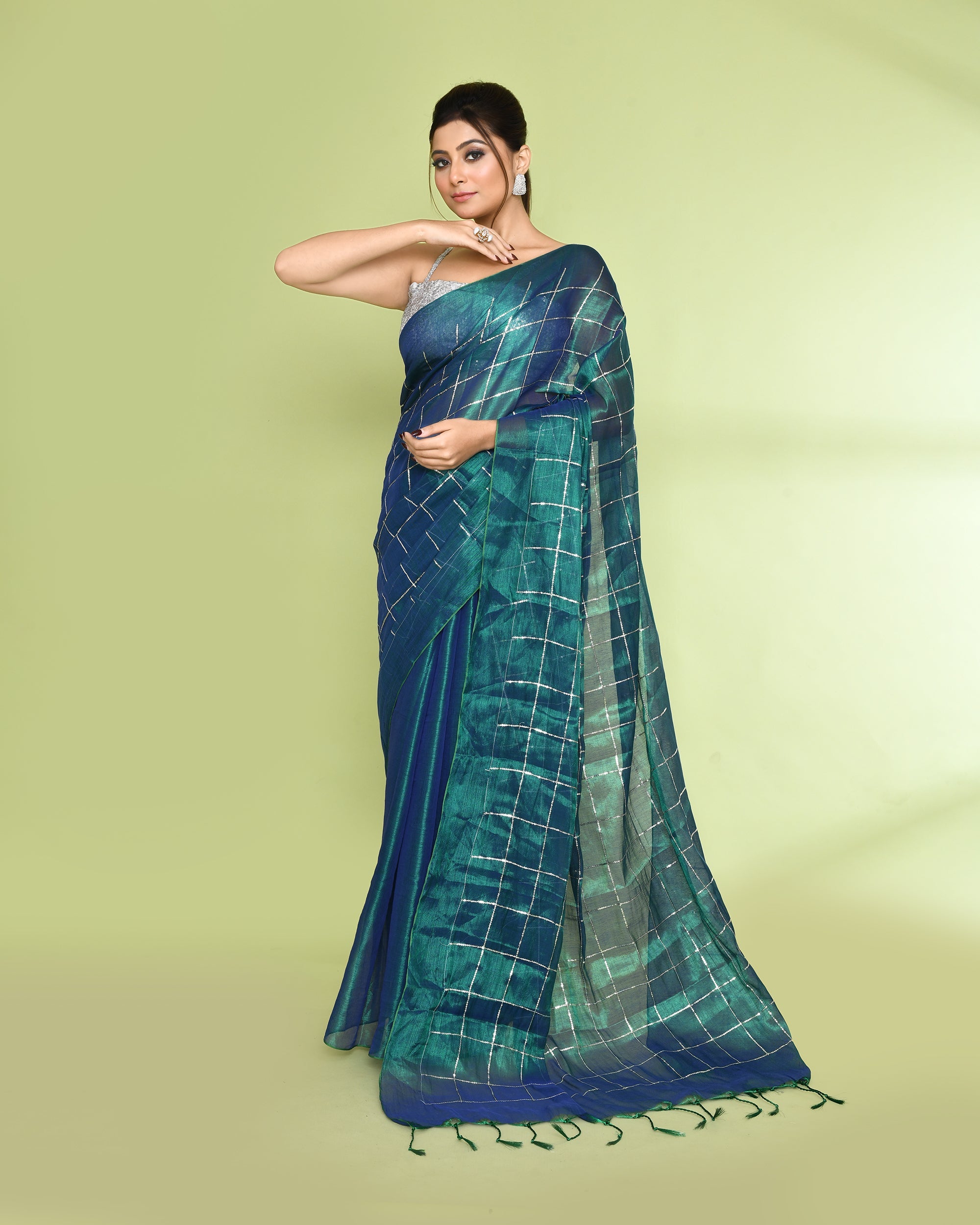 Piyari Fashion Women's Blue Green Zari Cotton Tissue Sequin Saree | Grocsy
