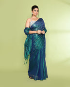 Piyari Fashion Women's Blue Green Zari Cotton Tissue Sequin Saree | Grocsy
