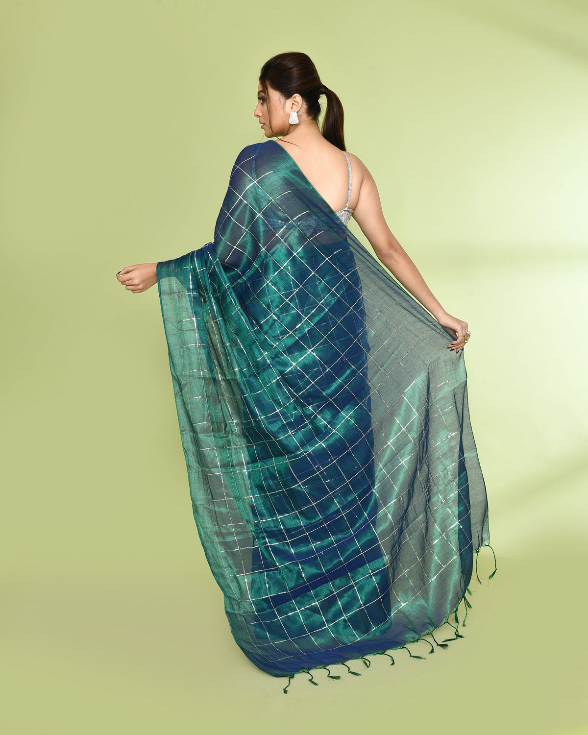 Piyari Fashion Women's Blue Green Zari Cotton Tissue Sequin Saree | Grocsy
