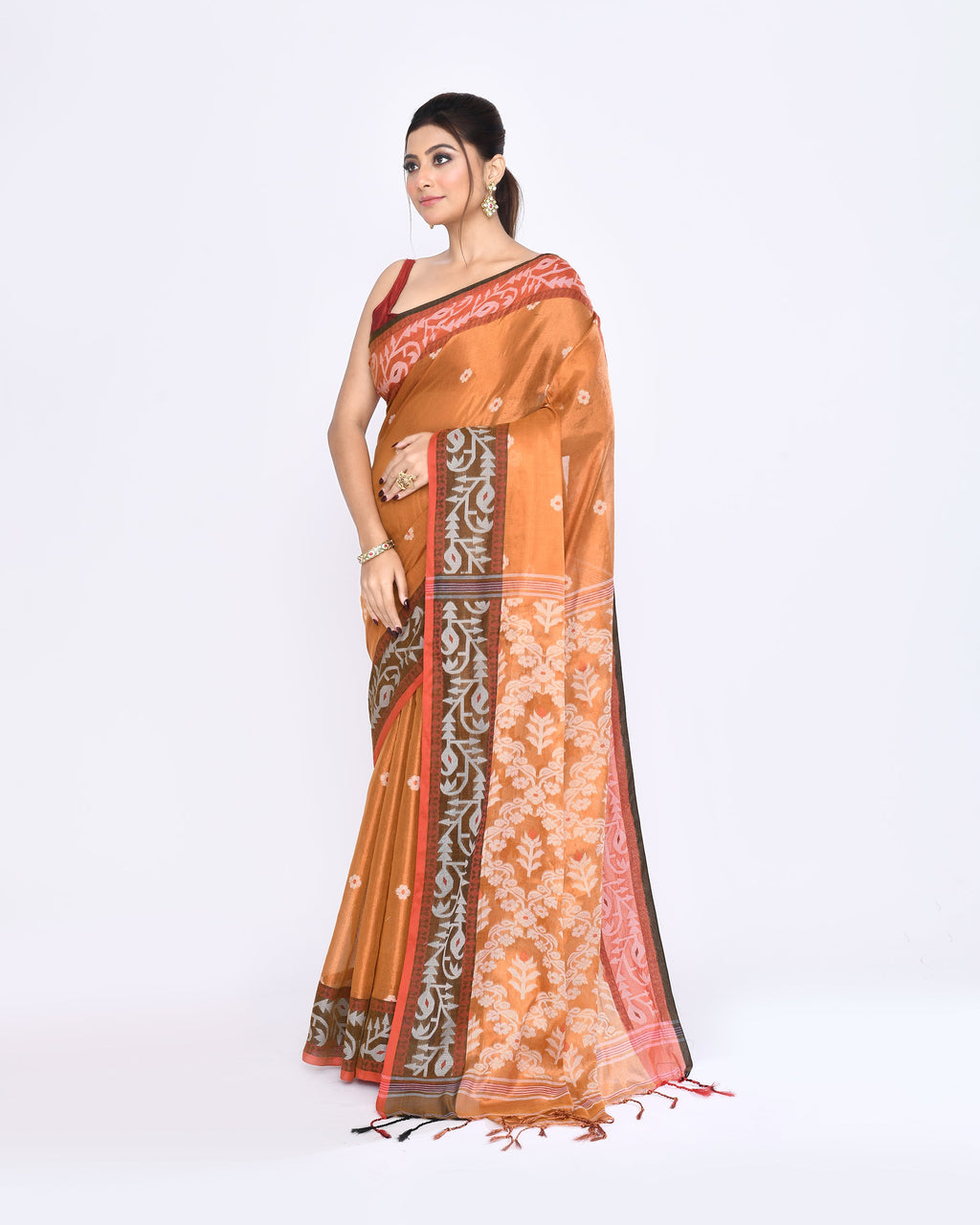 Piyari Fashion Women's Gold Zari Cotton Tissue Jamdani Saree | Grocsy