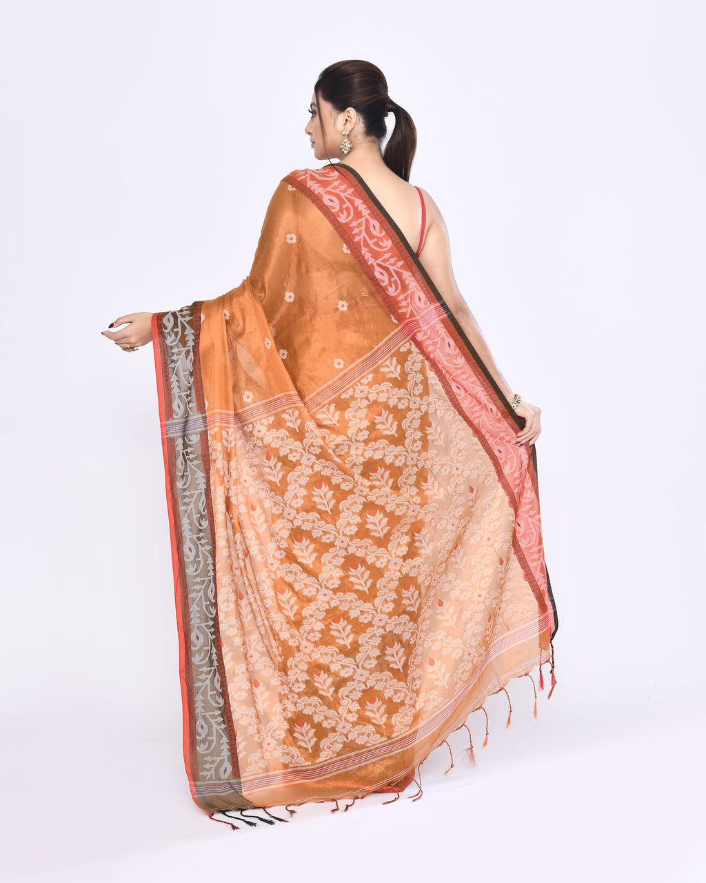 Piyari Fashion Women's Gold Zari Cotton Tissue Jamdani Saree | Grocsy