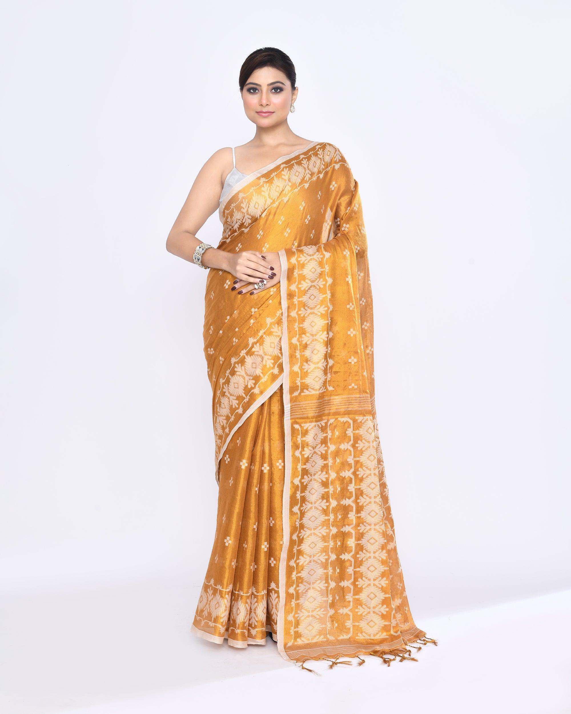 Piyari Fashion Women's Gold Zari Cotton Tissue Jamdani Saree | Grocsy