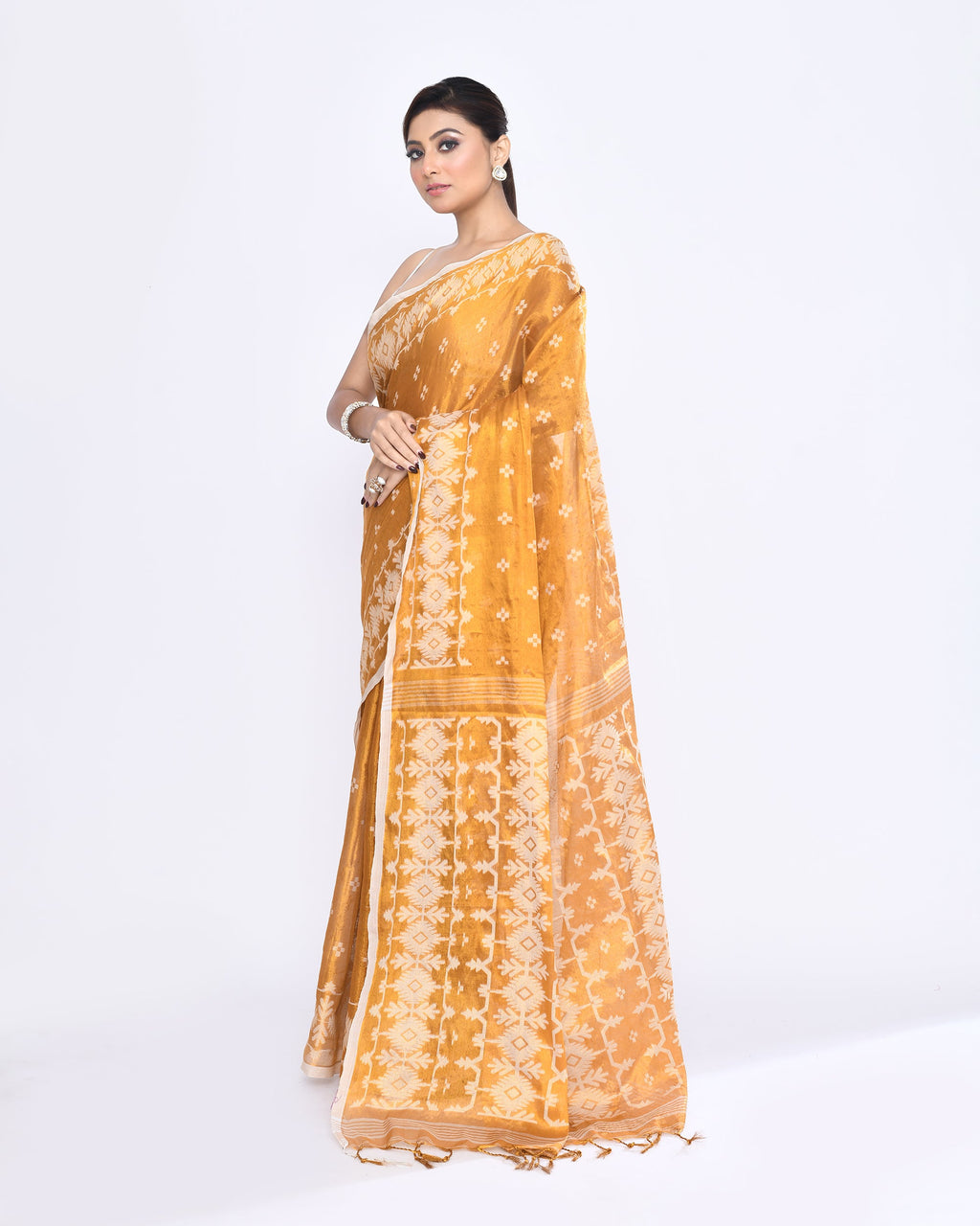 Piyari Fashion Women's Gold Zari Cotton Tissue Jamdani Saree | Grocsy