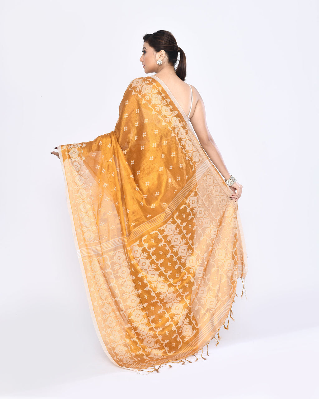 Piyari Fashion Women's Gold Zari Cotton Tissue Jamdani Saree | Grocsy