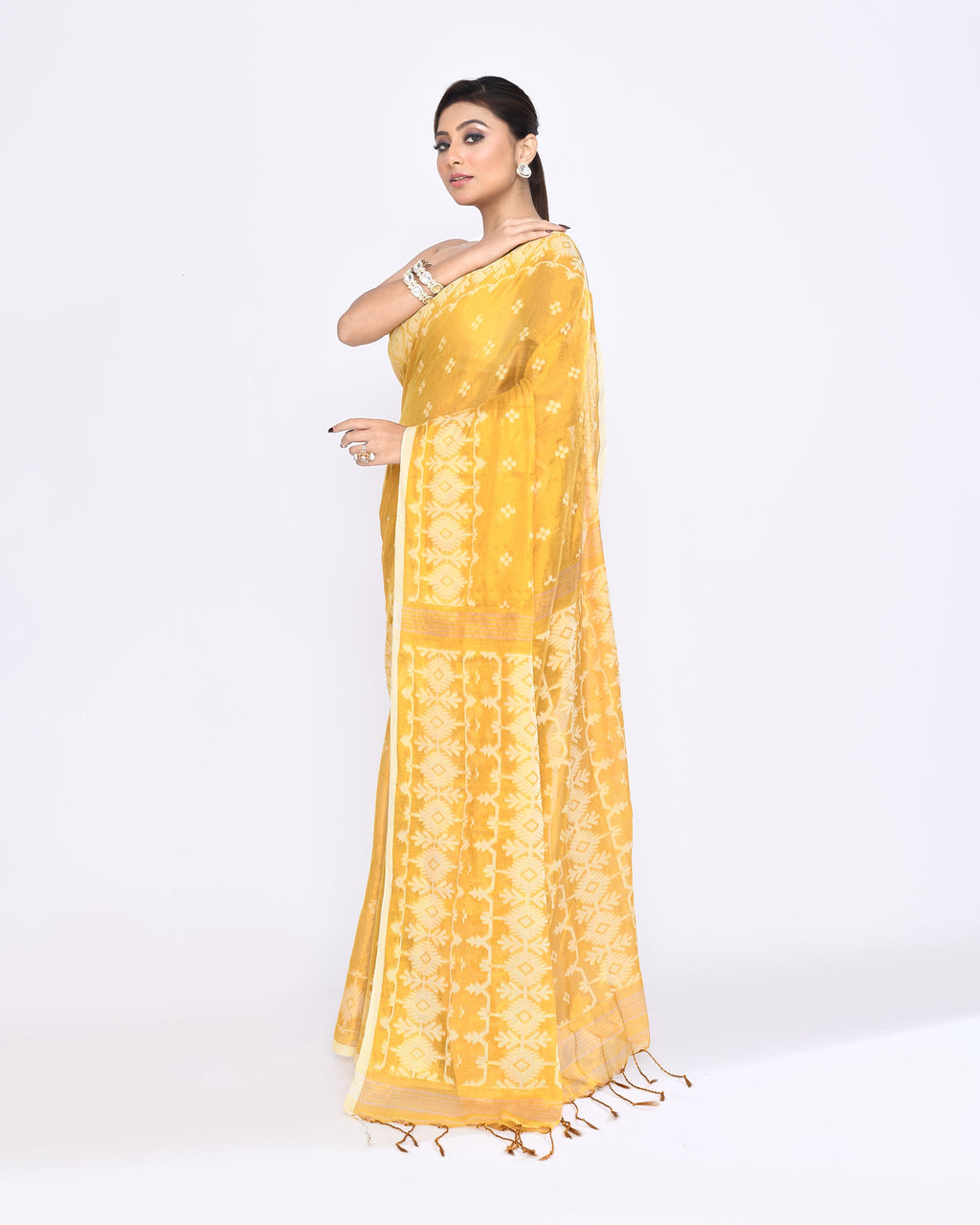 Piyari Fashion Women's Yellow Zari Cotton Tissue Jamdani Saree | Grocsy