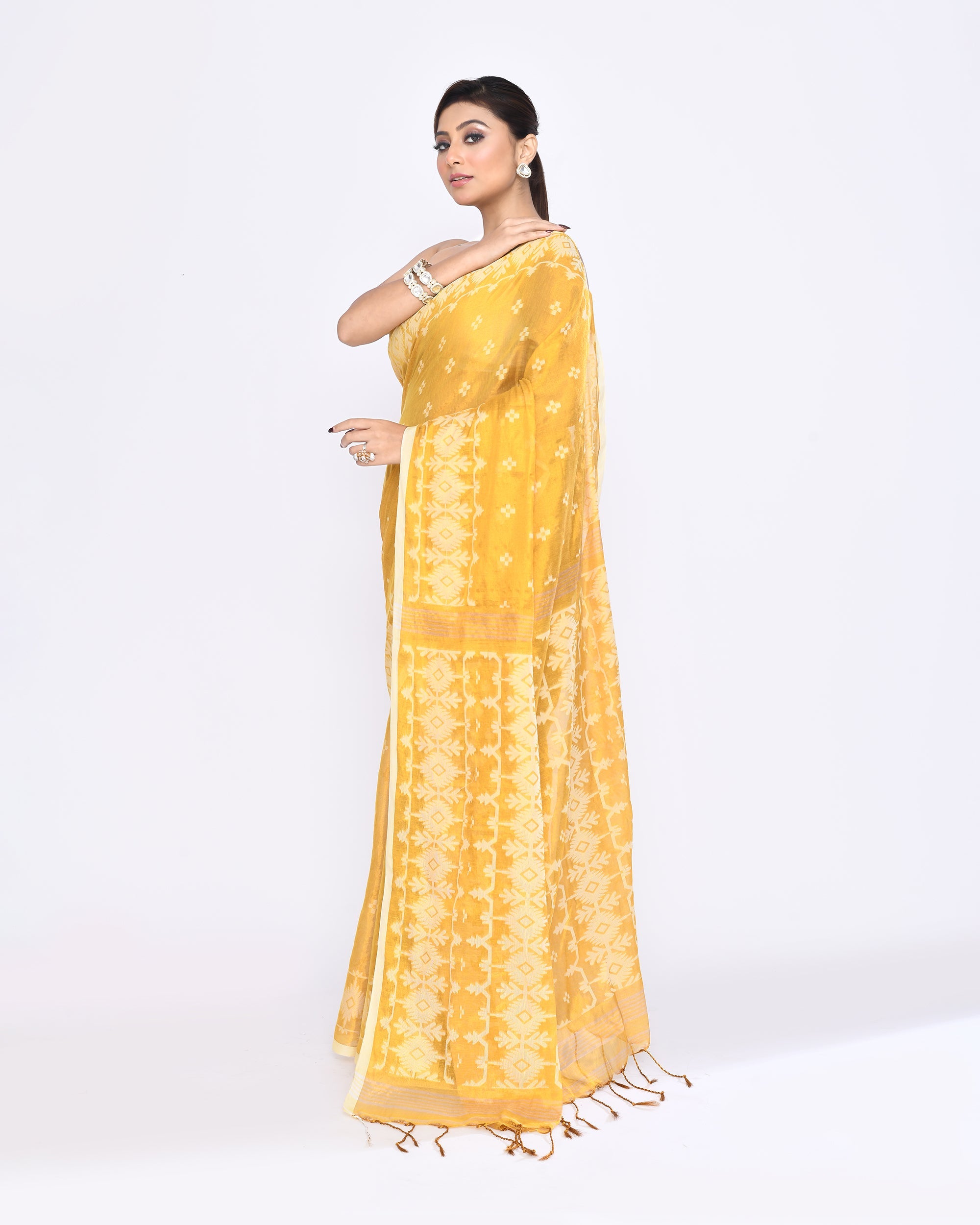 Piyari Fashion Women's Yellow Zari Cotton Tissue Jamdani Saree | Grocsy