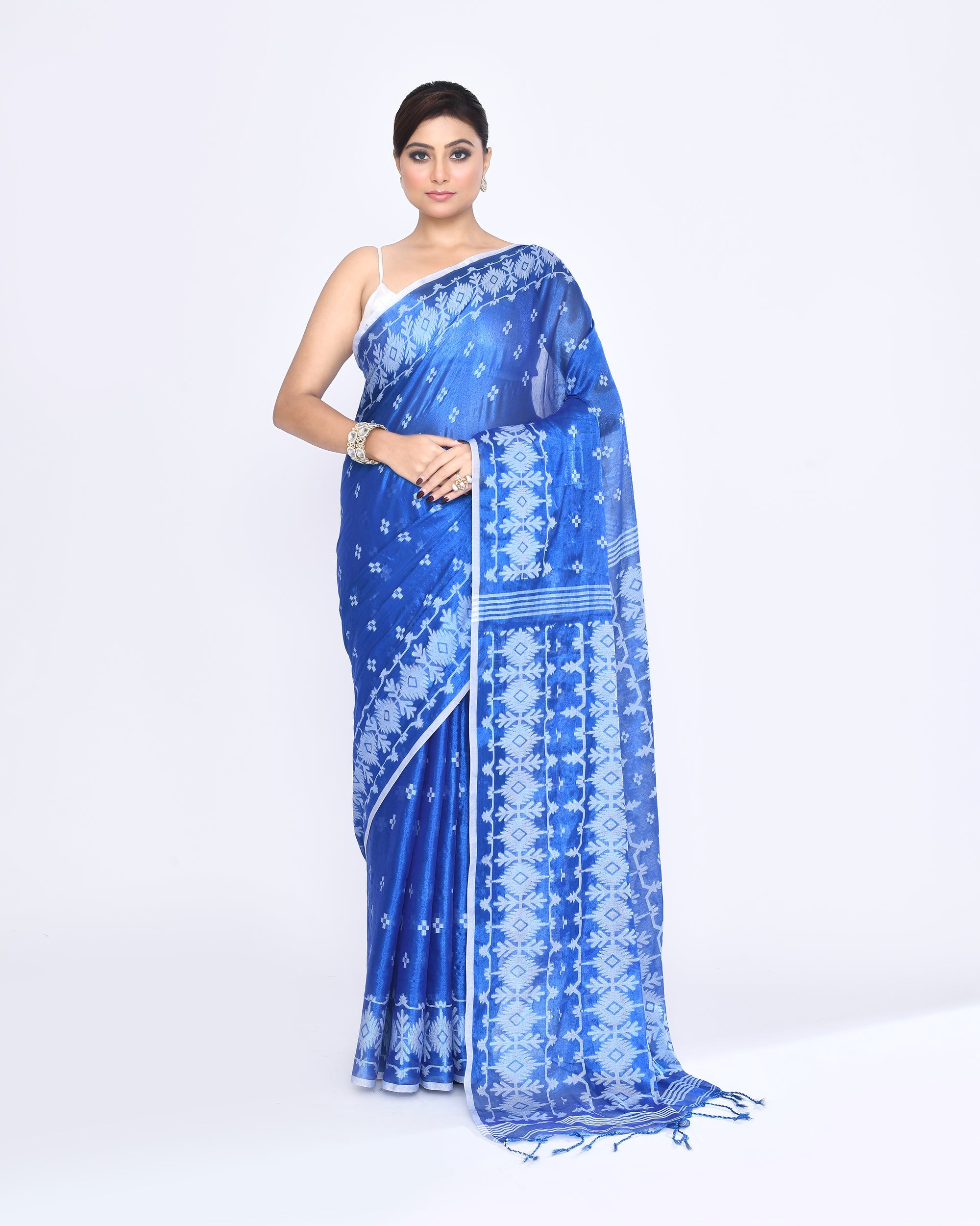 Piyari Fashion Women's Blue Zari Cotton Tissue Jamdani Saree | Grocsy