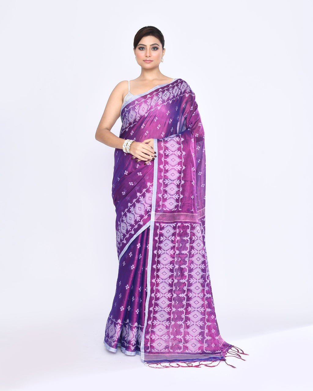 Piyari Fashion Women's Purple Zari Cotton Tissue Jamdani Saree | Grocsy