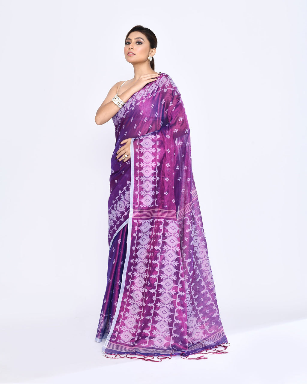 Piyari Fashion Women's Purple Zari Cotton Tissue Jamdani Saree | Grocsy