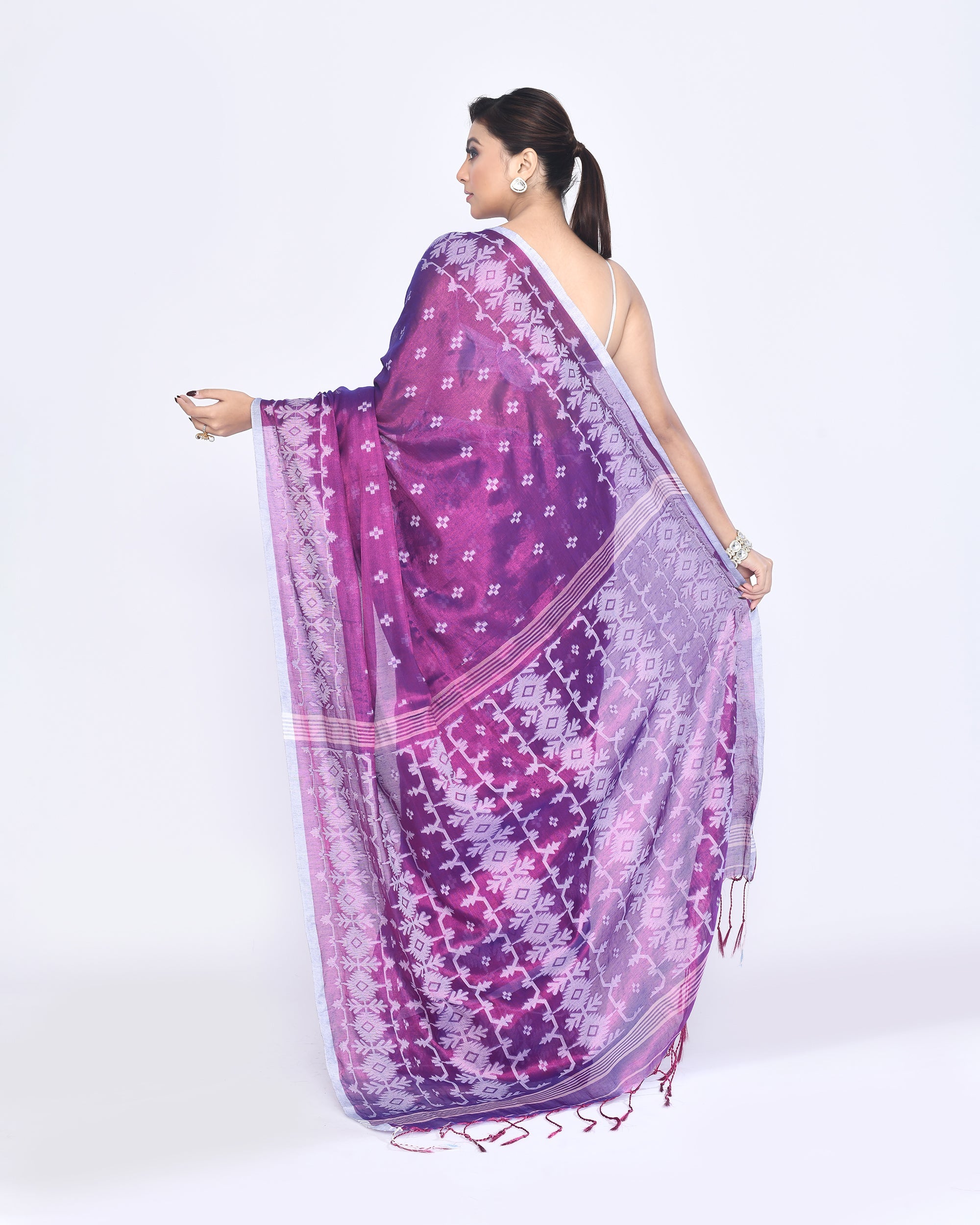 Piyari Fashion Women's Purple Zari Cotton Tissue Jamdani Saree | Grocsy