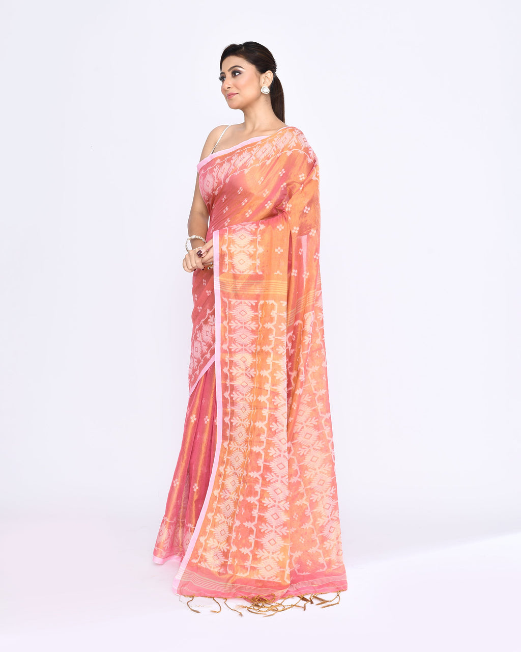 Piyari Fashion Women's Deep Peach Zari Cotton Tissue Jamdani Saree | Grocsy
