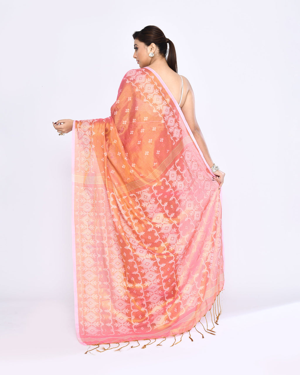 Piyari Fashion Women's Deep Peach Zari Cotton Tissue Jamdani Saree | Grocsy